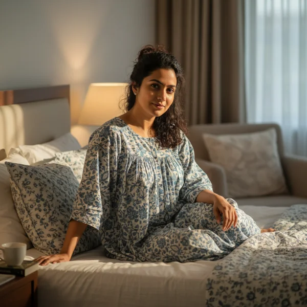 Woman in Floral Pajamas on Bed