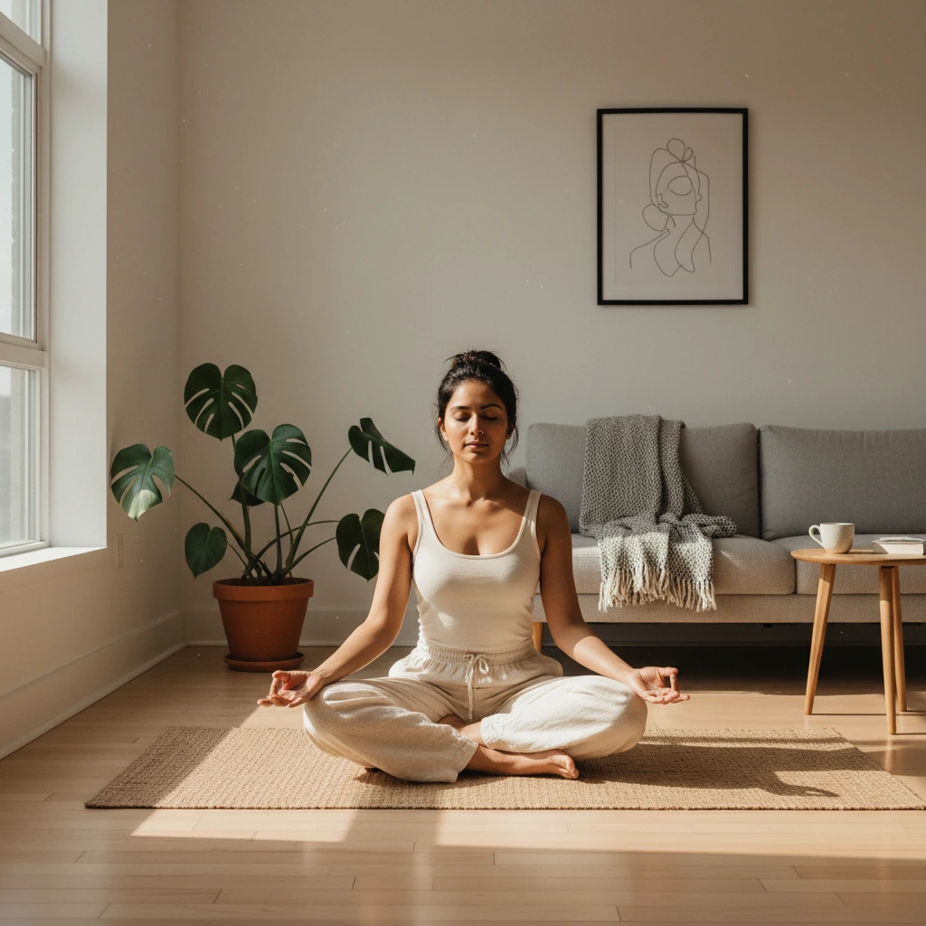 Indian woman doing yoga in bright living... 1
