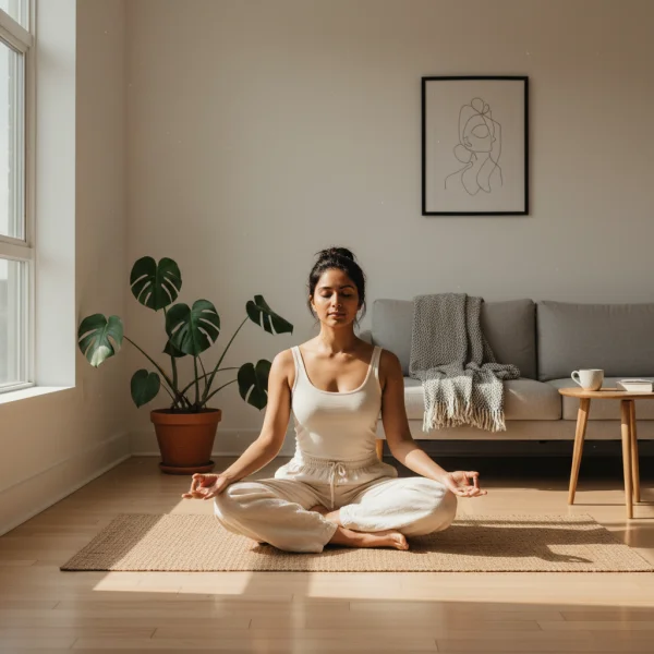 Indian woman doing yoga in bright living... 1