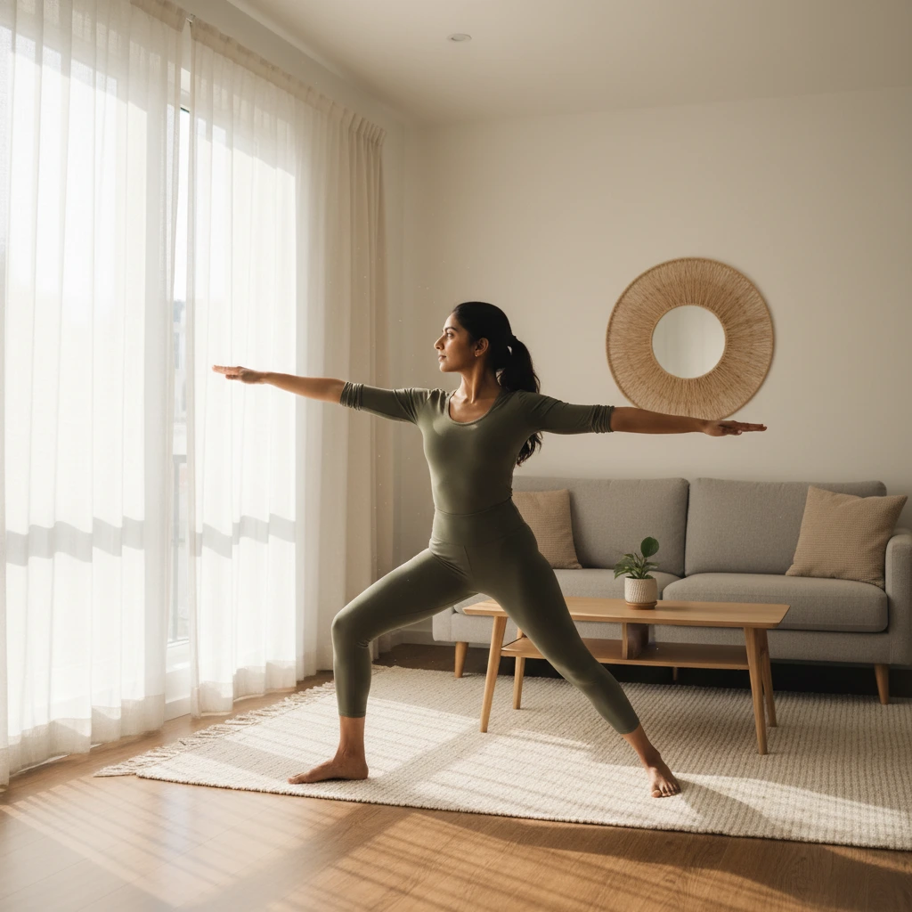 Indian woman doing yoga in bright living... 1