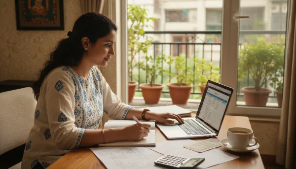 Indian woman calculating monthly budget... 1