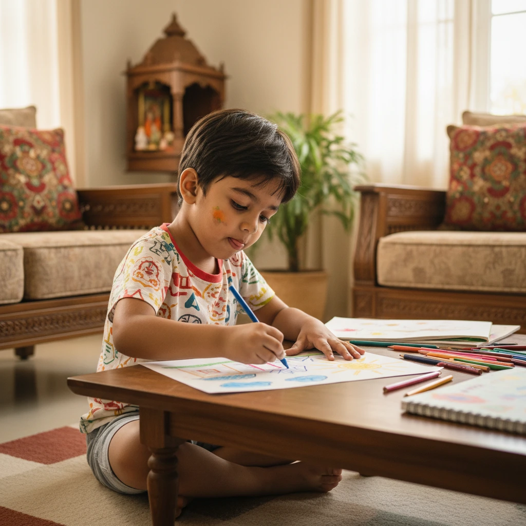 Indian child drawing on table at home 1