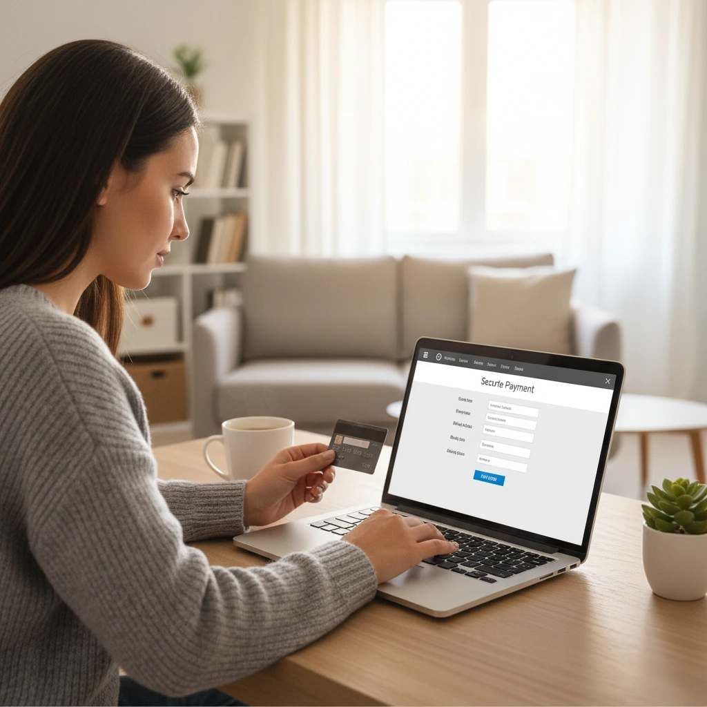 Woman making online payment on laptop 1
