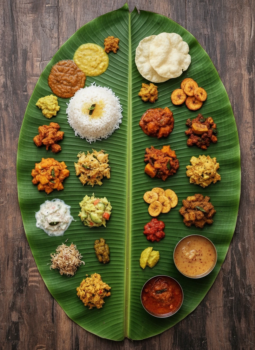 Kerala sadya feast banana leaf top view 1