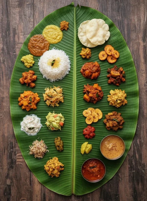 Kerala sadya feast banana leaf top view 1
