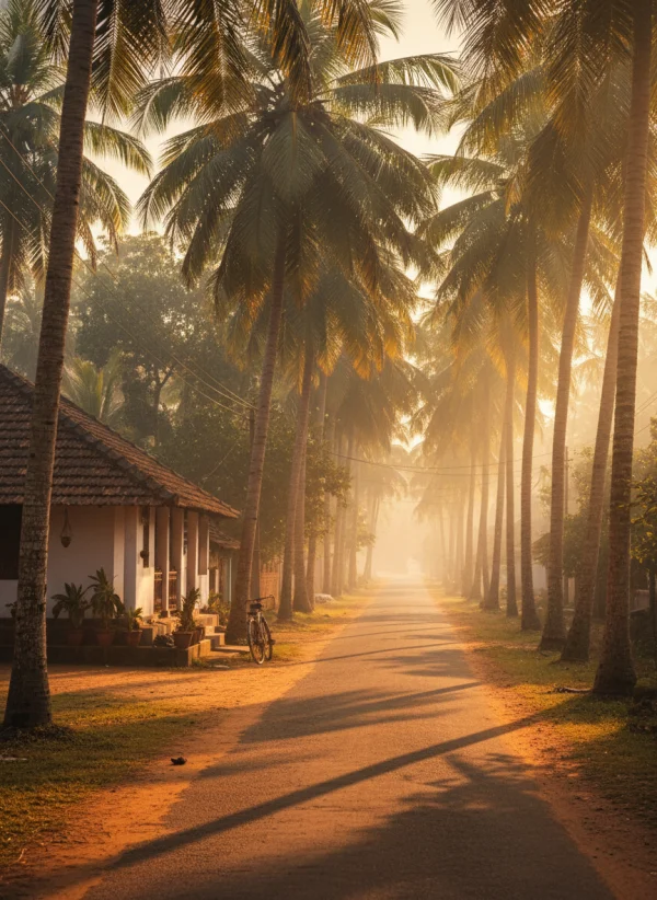 A quiet Kerala village road during golde... 1