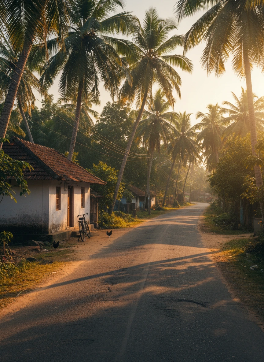 A quiet Kerala village road during golde... 1