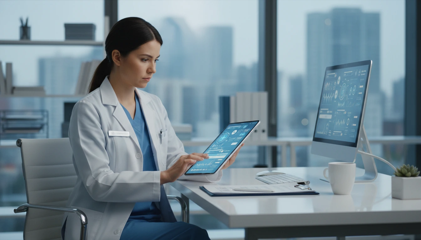 A medical professional reviewing digital... 1