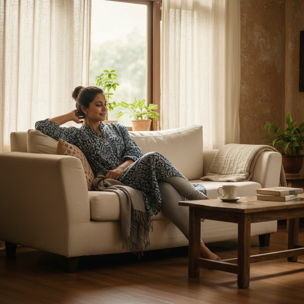 An Indian woman sitting comfortably on a... 1