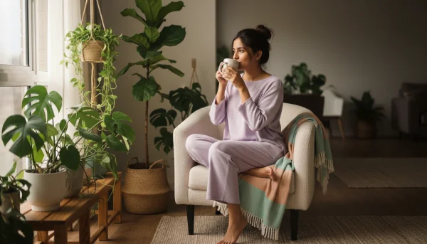An Indian woman sitting near indoor plan... 1