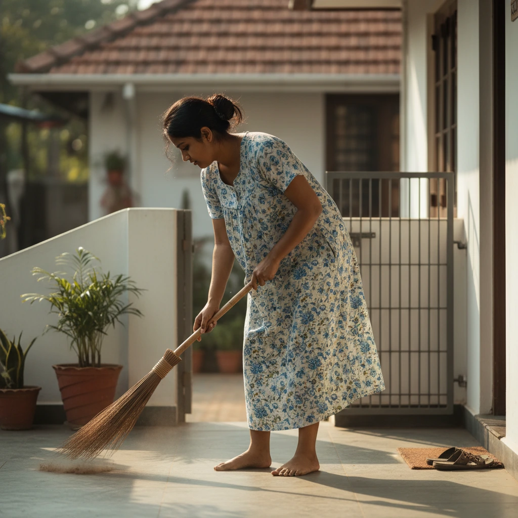 A young girl clean her house frond... 1