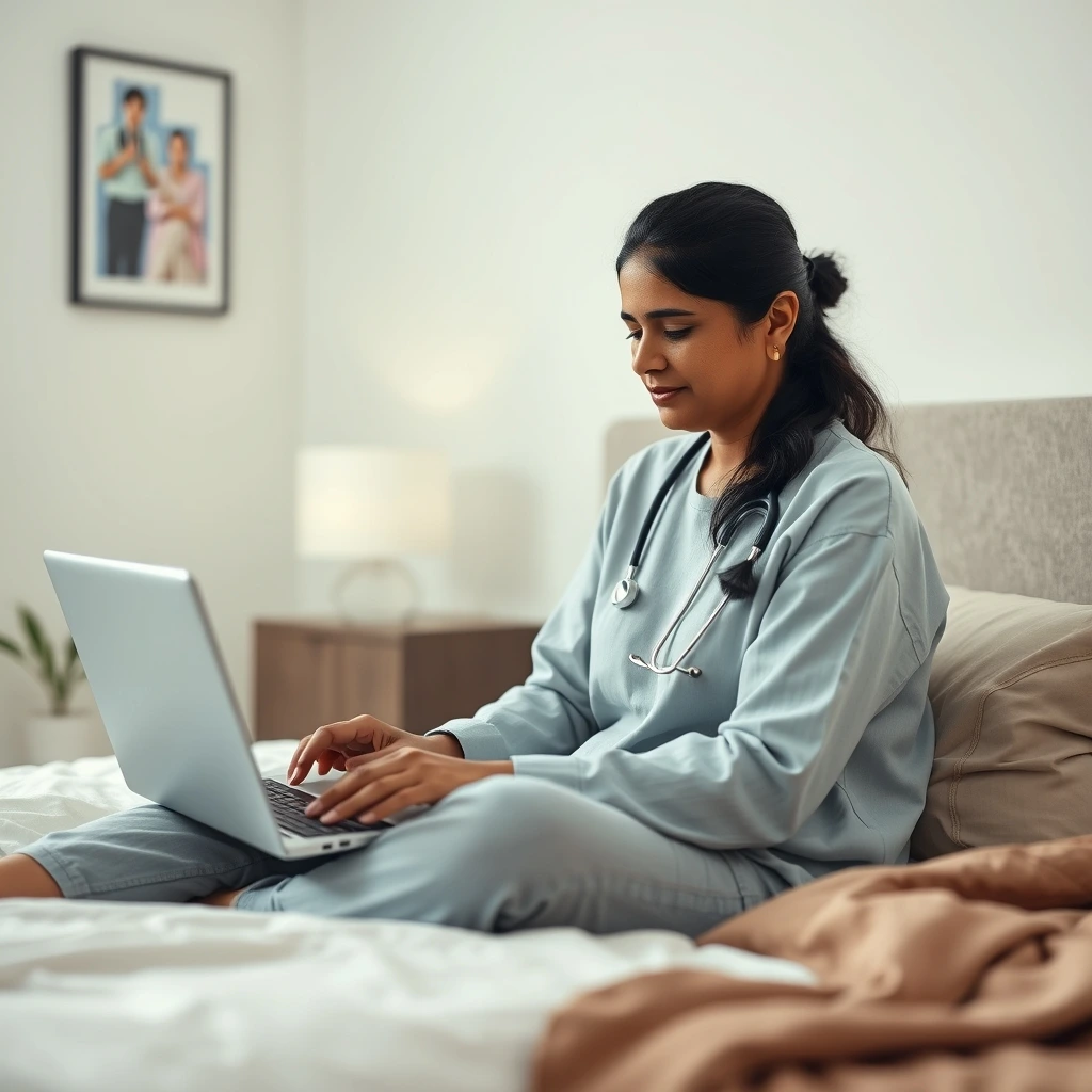 An Indian woman having a video call with a doctor on a laptop, sitting on a bed