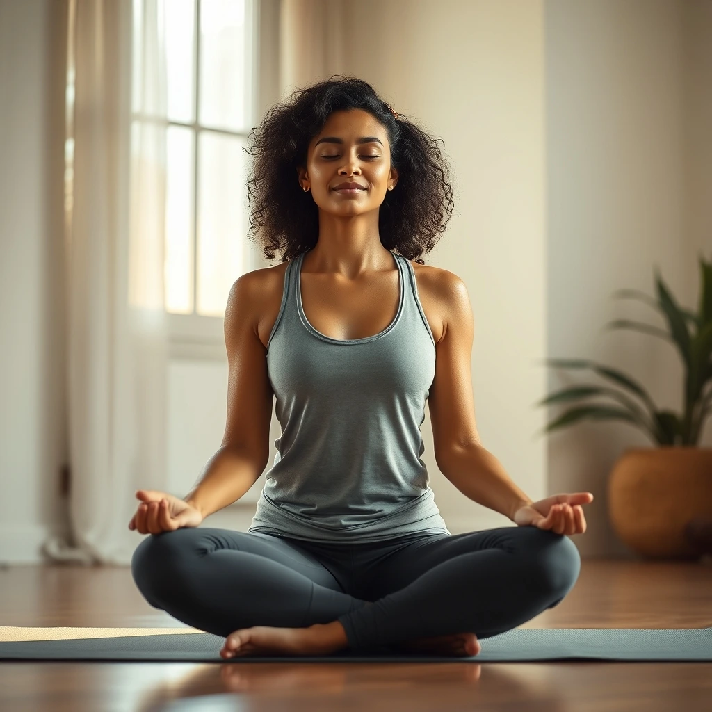 A South Indian woman practicing yoga indoors, sitting in lotus pose on a yoga mat