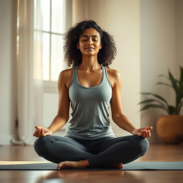 A South Indian woman practicing yoga indoors, sitting in lotus pose on a yoga mat