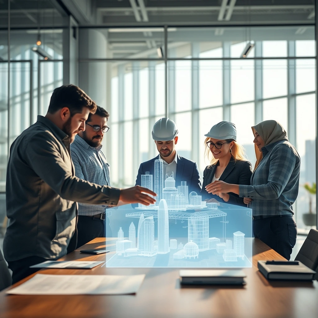 A diverse group of professional engineers and architects in a sunlit