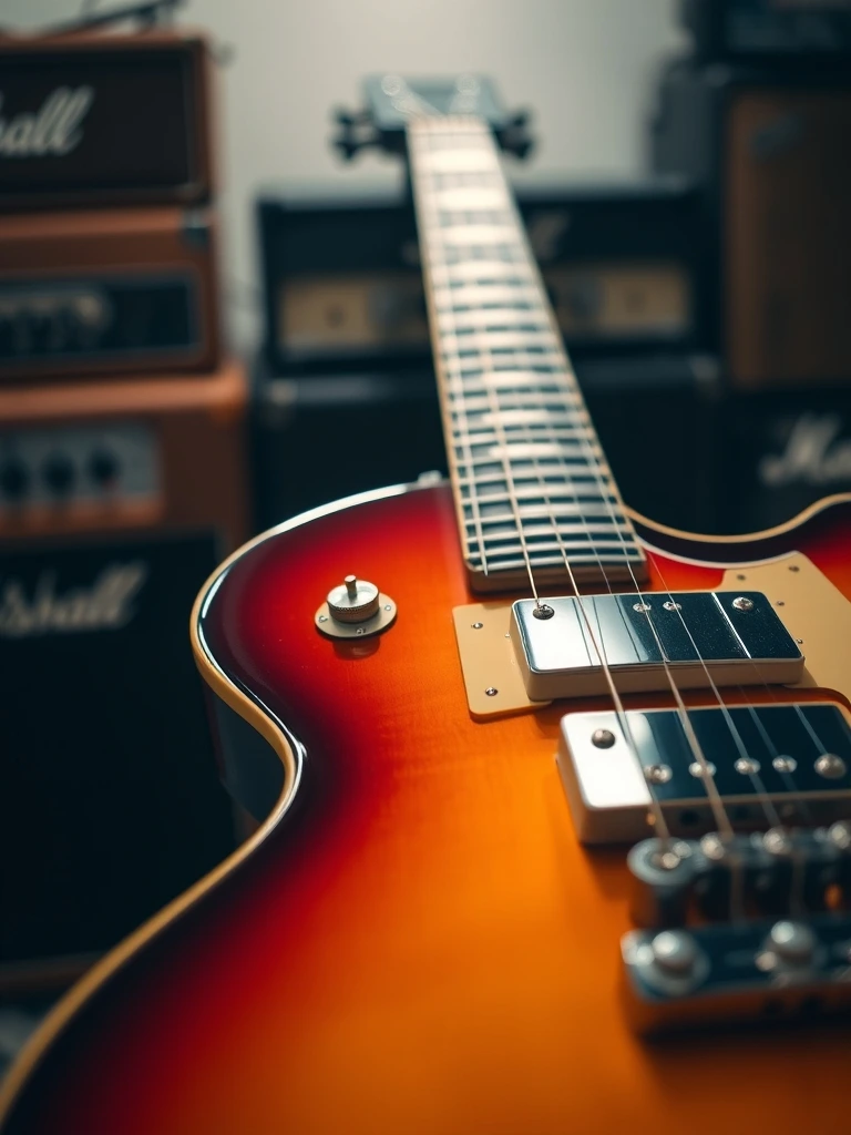 Close-up of a sunburst Gibson Les Paul guitar. Focused on the chrome hardware an