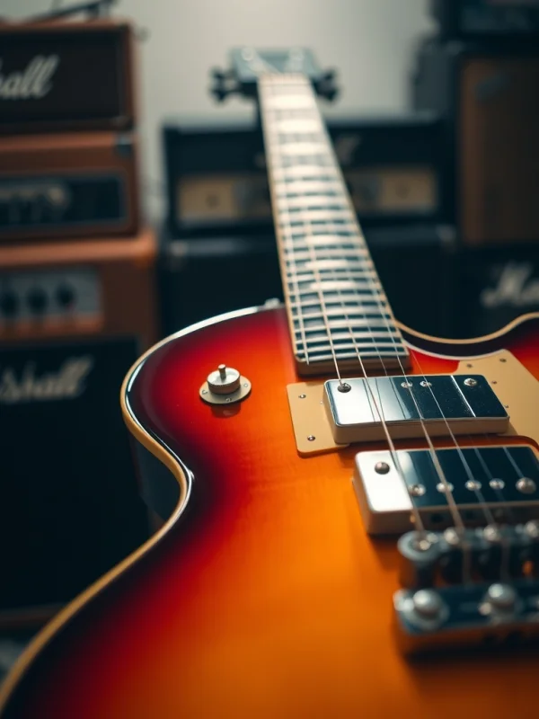 Close-up of a sunburst Gibson Les Paul guitar. Focused on the chrome hardware an