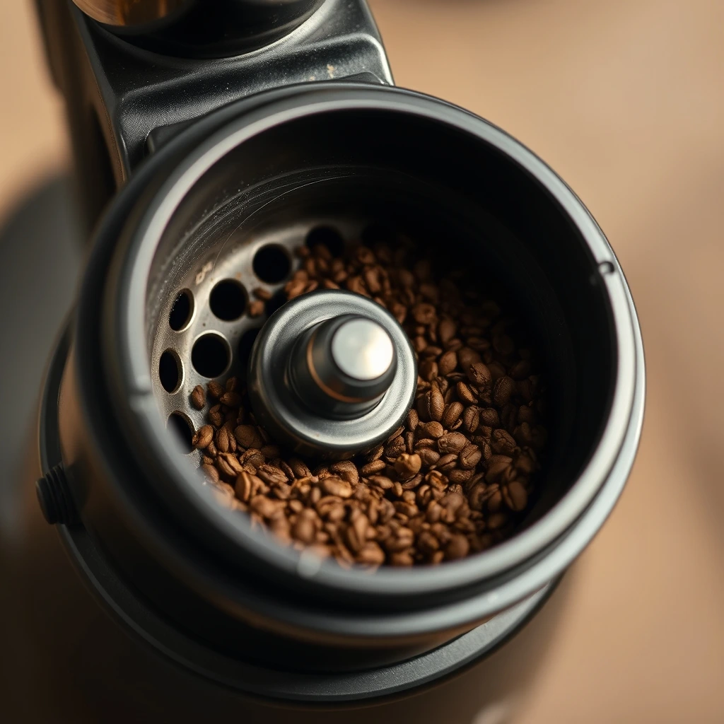 A conical burr coffee grinder (black metal). Coffee grounds visible in the catch