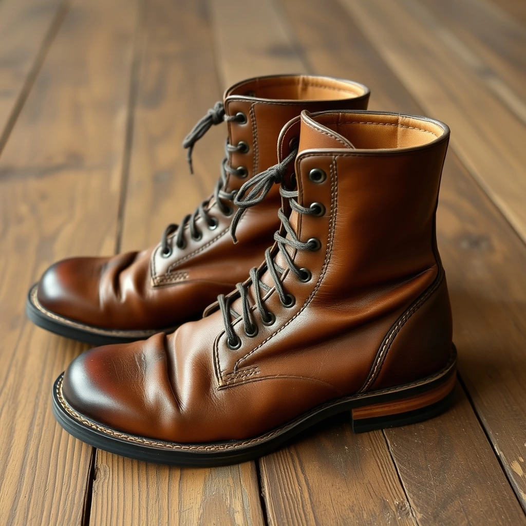 Handcrafted brown leather service boots on a rustic wooden floor. Detailed stitc