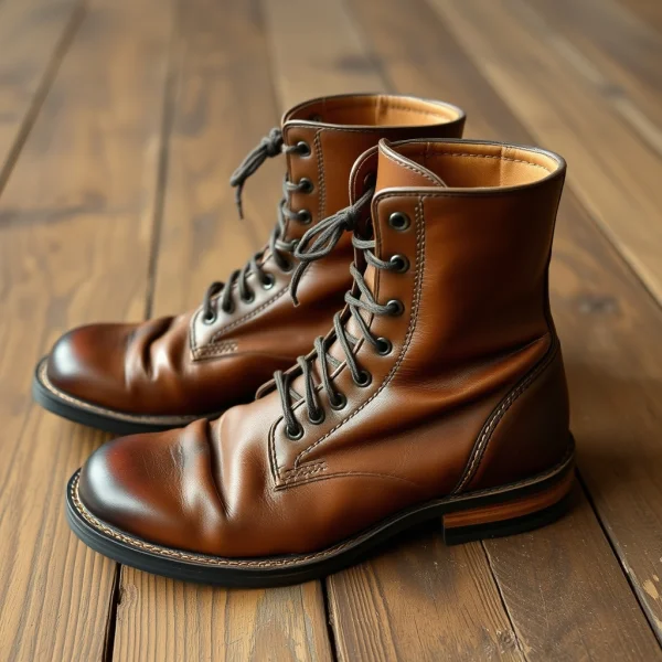 Handcrafted brown leather service boots on a rustic wooden floor. Detailed stitc