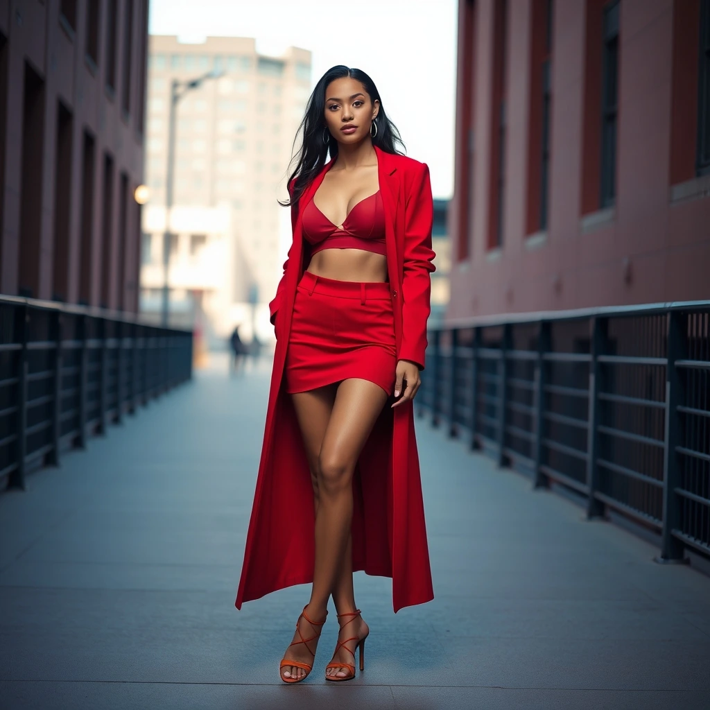 "Global model in bold red monochromatic outfit — mini skirt, bralette, long coat