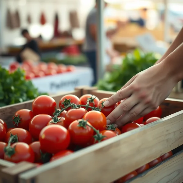 A candid shot of a person’s hands picking bright red, organic tomatoes from a wo