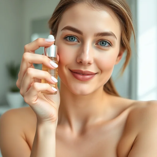 Beautiful young woman applying facial serum in a bright modern bathroom, holding