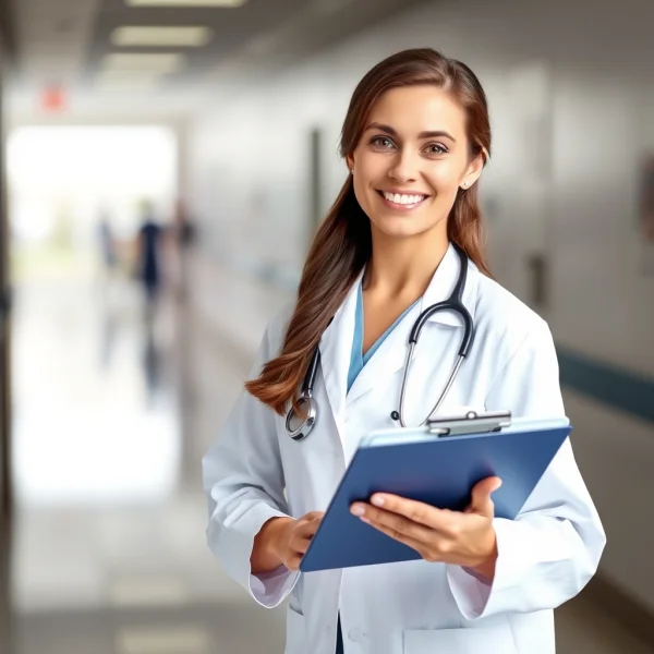 Professional female doctor in white coat holding clipboard, hospital background,