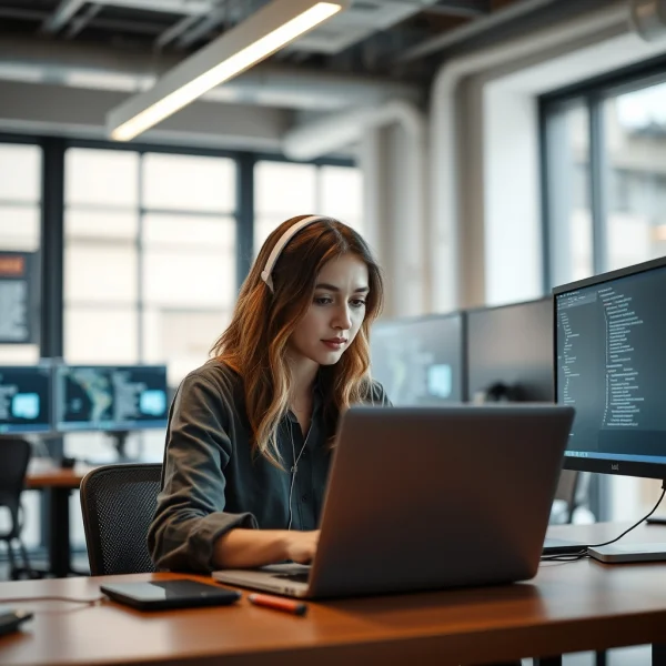 Woman coding on laptop in modern office, multiple screens, tech startup environm