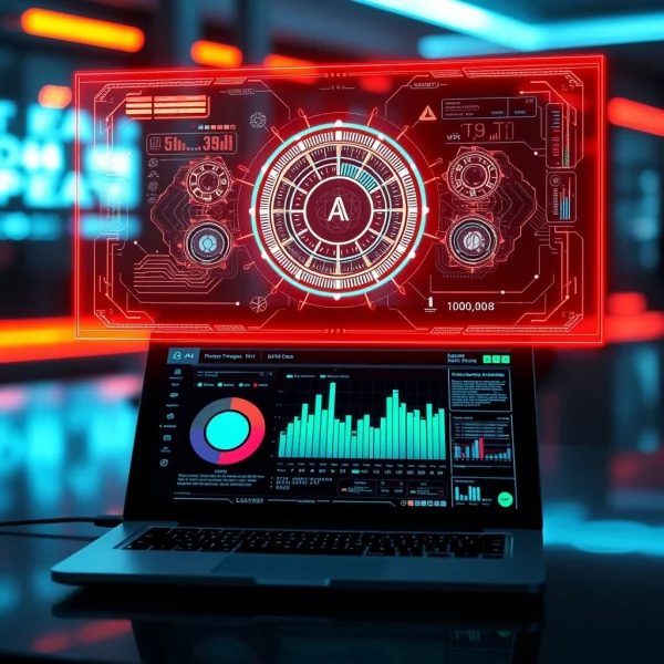A futuristic AI hologram interface is displayed above a laptop screen showing ad