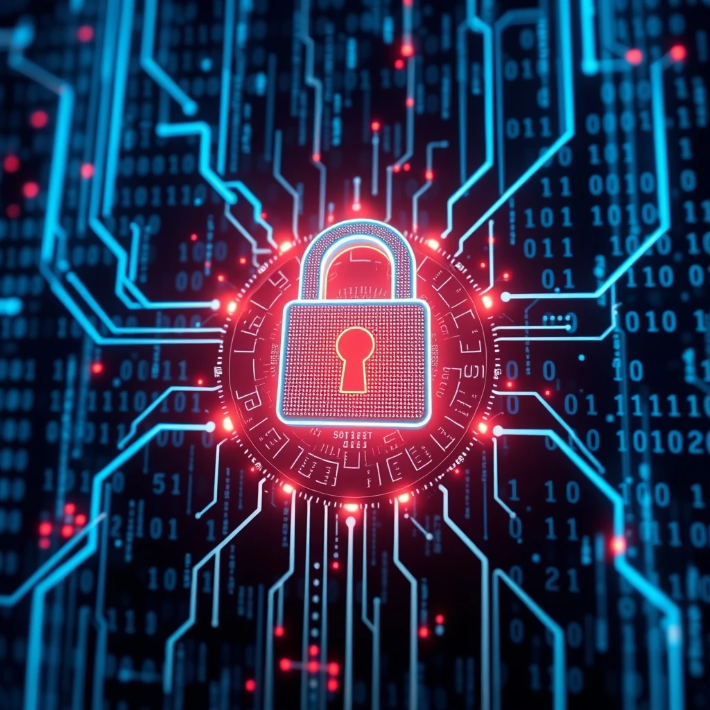 A cybersecurity concept is shown with a glowing digital lock surrounded by data