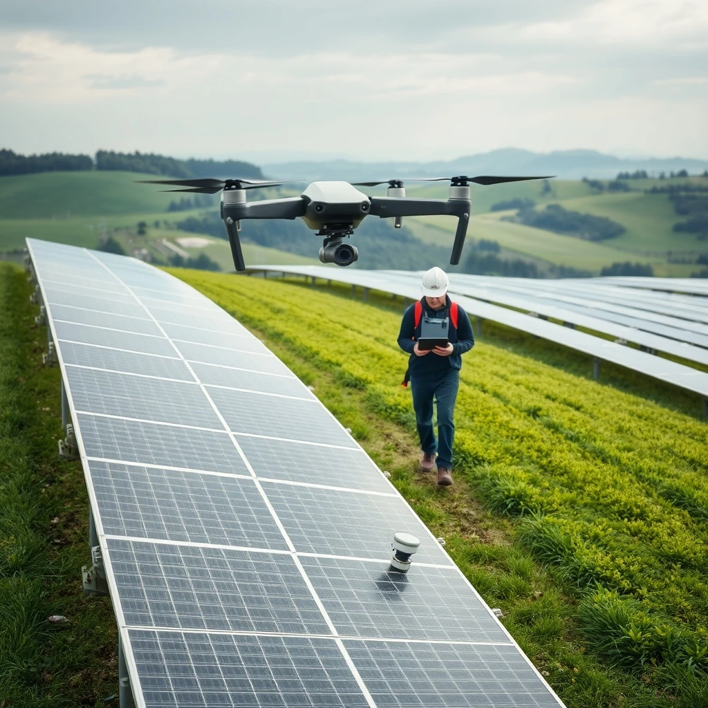 An aerial drone shot of a modern solar panel farm integrated into a rolling gree