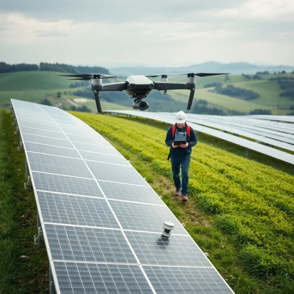 An aerial drone shot of a modern solar panel farm integrated into a rolling gree