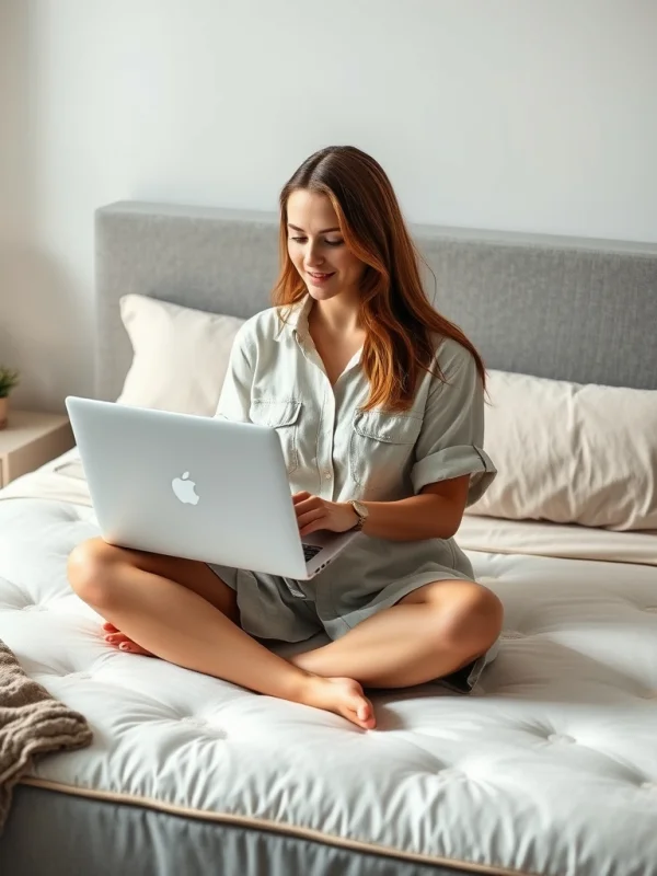 A beautiful female entrepreneur in her mid-20s sitting cross-legged on a luxury