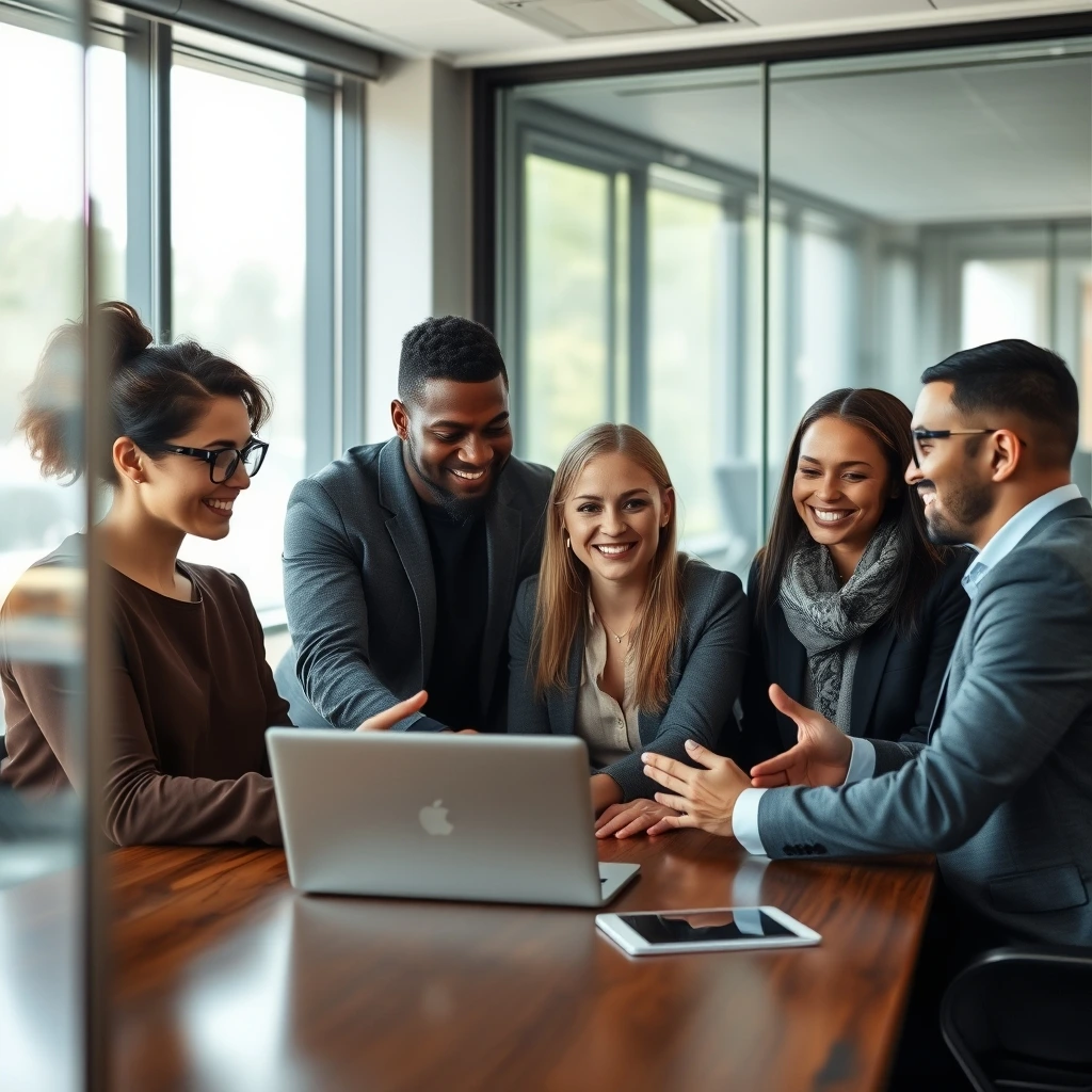 Diverse Business Team Discussing Project in Modern Glass Office