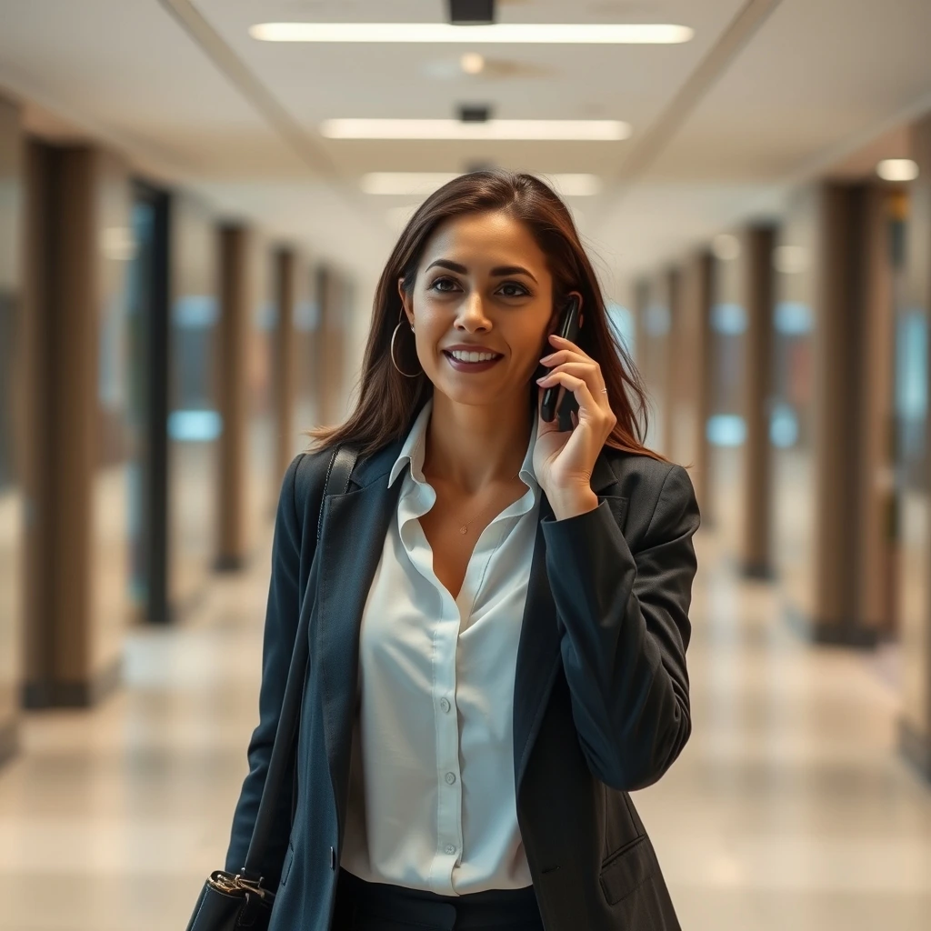 Businesswoman on Phone Call Walking Through Office Hallway