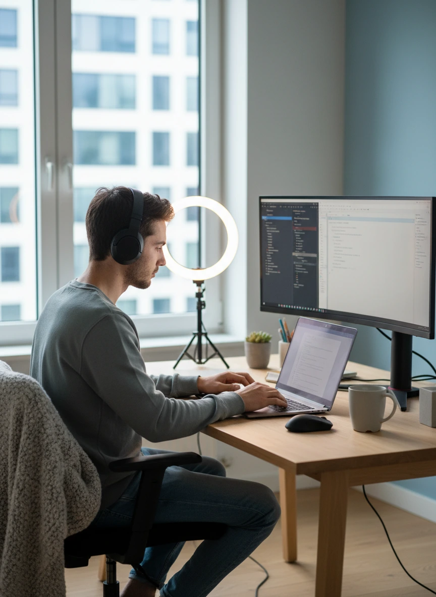 Student attending online class on laptop... 1