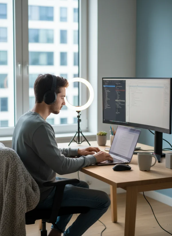 Student attending online class on laptop... 1