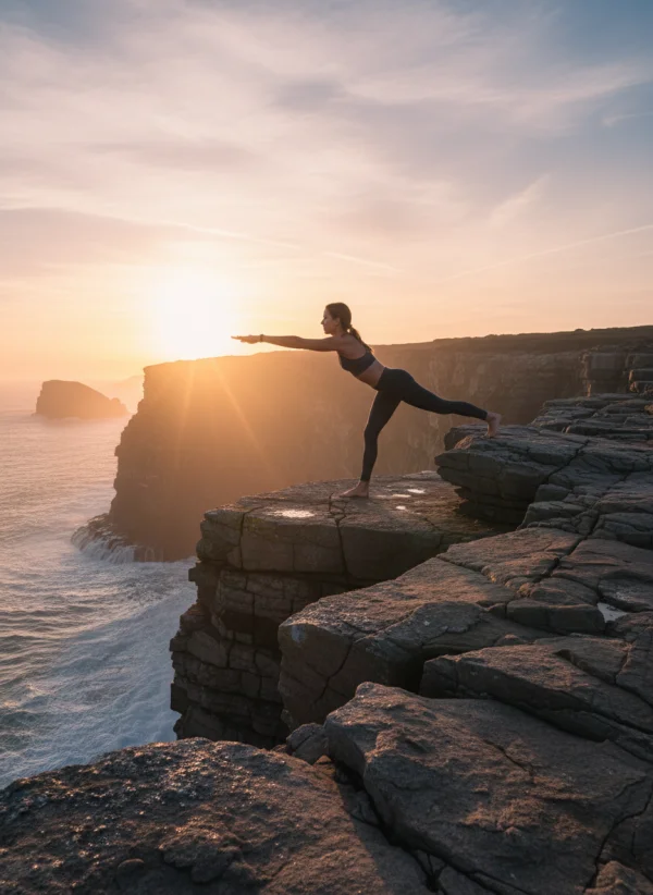 A woman doing a yoga pose on a cliffside... 1