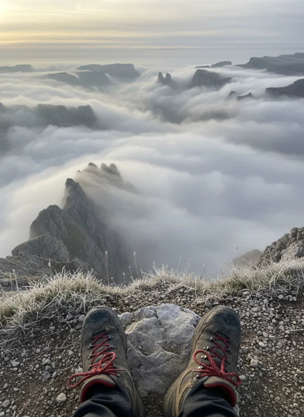 First-person view of a hiker’s boots at... 1