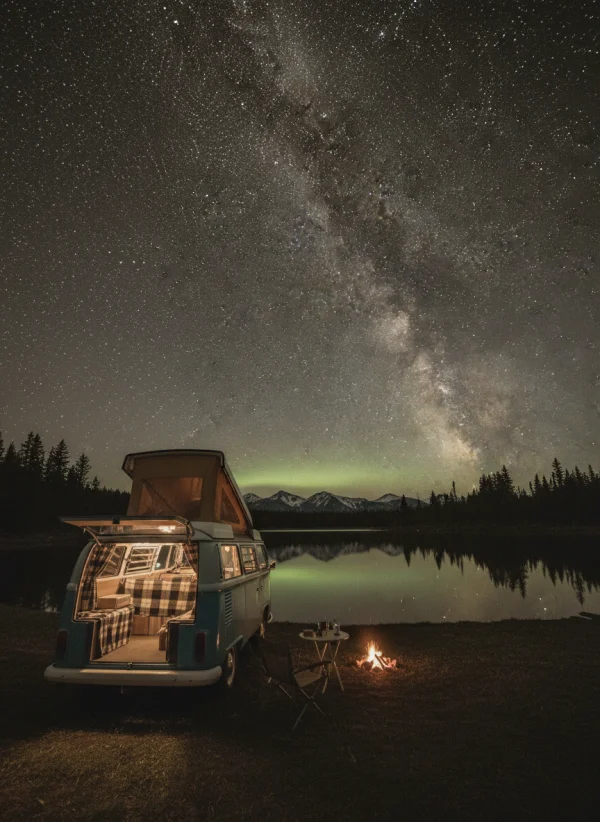 A vintage camper van parked by a serene... 1